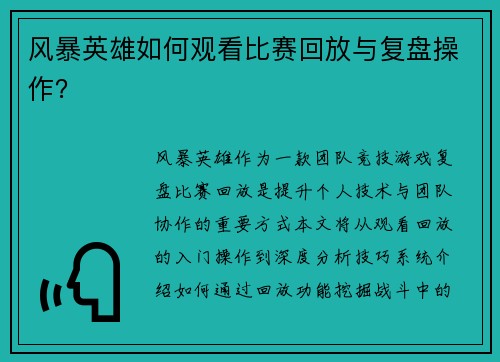 风暴英雄如何观看比赛回放与复盘操作？
