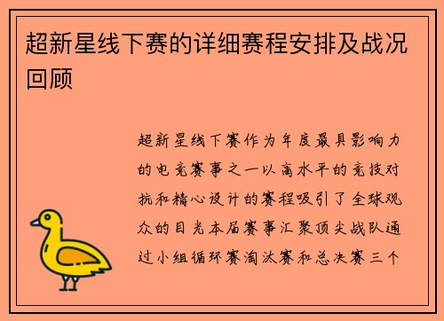 超新星线下赛的详细赛程安排及战况回顾