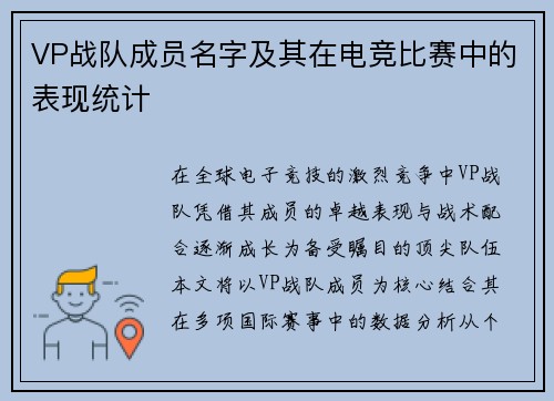 VP战队成员名字及其在电竞比赛中的表现统计